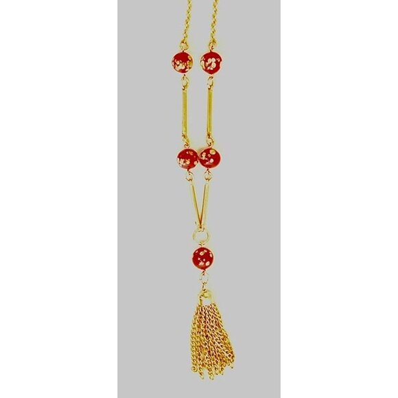 Sarah Coventry Venetian Floral Red Glass Bead Gold-Tone Tassel Necklace - Picture 7 of 11